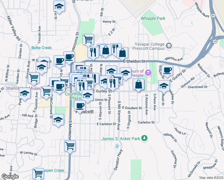 map of restaurants, bars, coffee shops, grocery stores, and more near 410 East Gurley Street in Prescott