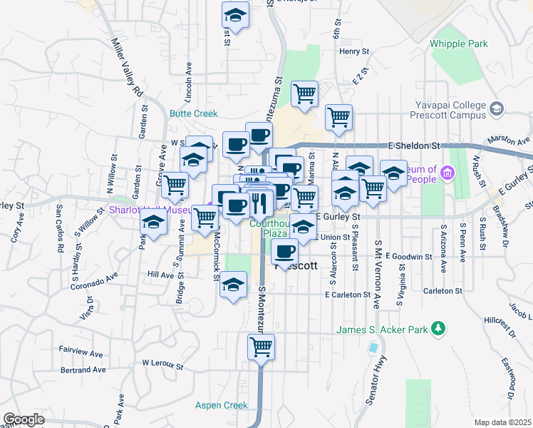 map of restaurants, bars, coffee shops, grocery stores, and more near 77 North Montezuma Street in Prescott