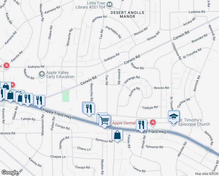 map of restaurants, bars, coffee shops, grocery stores, and more near 15989 Tao Road in Apple Valley