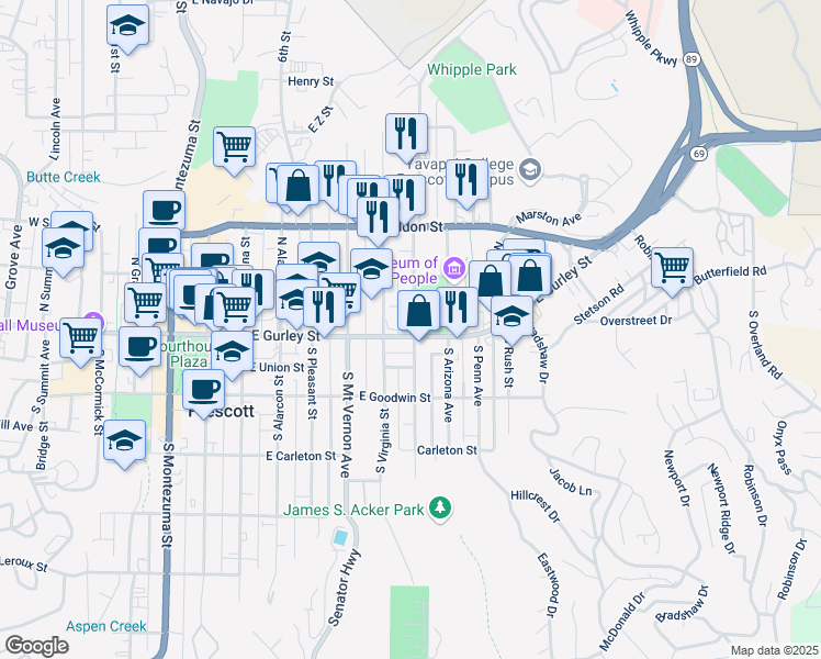 map of restaurants, bars, coffee shops, grocery stores, and more near 620 East Gurley Street in Prescott