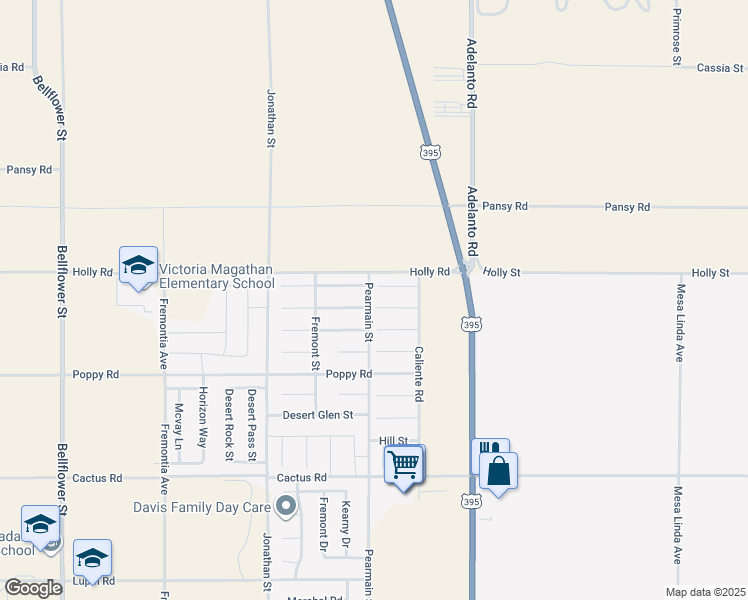 map of restaurants, bars, coffee shops, grocery stores, and more near 11912 Moss Creek Court in Adelanto