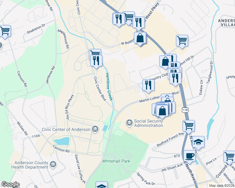 map of restaurants, bars, coffee shops, grocery stores, and more near 3111 Martin Luther King Junior Boulevard in Anderson