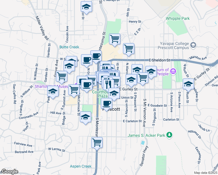 map of restaurants, bars, coffee shops, grocery stores, and more near 104 North Cortez Street in Prescott