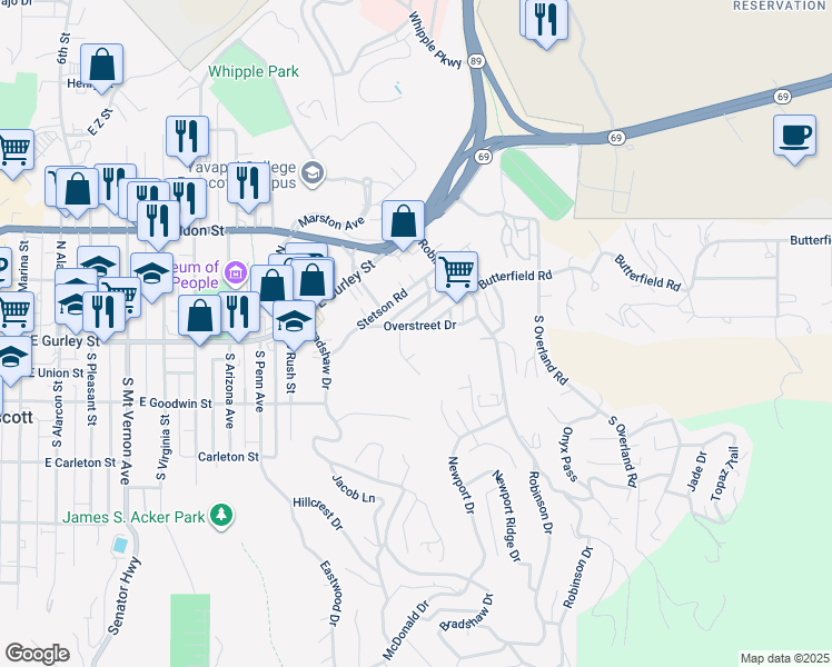 map of restaurants, bars, coffee shops, grocery stores, and more near 1209 Overstreet Drive in Prescott