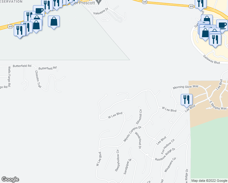 map of restaurants, bars, coffee shops, grocery stores, and more near 2700 Whispering Way Cir in Prescott