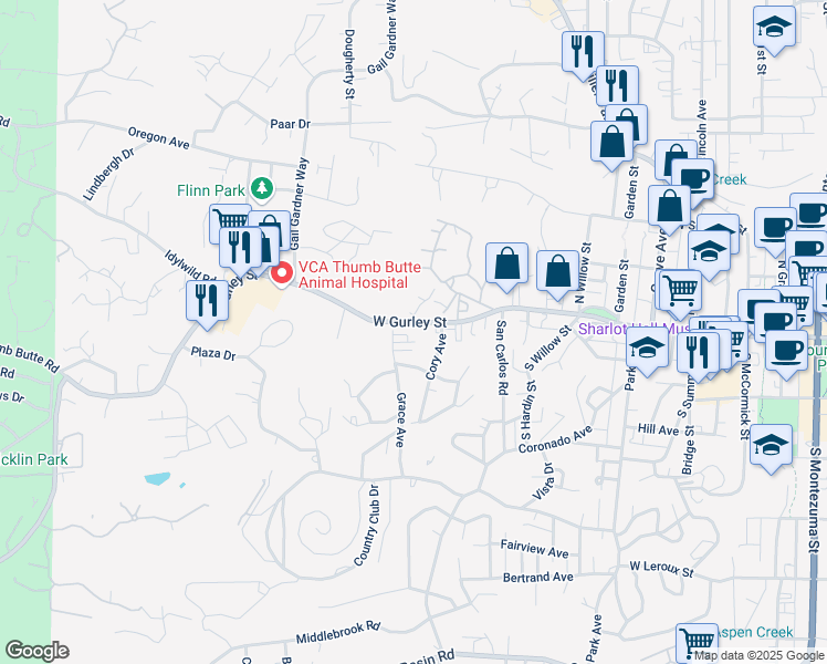 map of restaurants, bars, coffee shops, grocery stores, and more near 111 Grace Avenue in Prescott