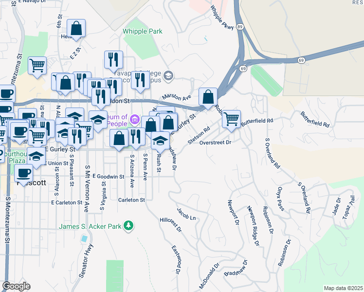 map of restaurants, bars, coffee shops, grocery stores, and more near 1110 Stetson Road in Prescott