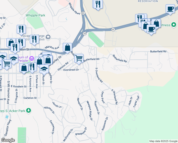 map of restaurants, bars, coffee shops, grocery stores, and more near 1305a Moore Place in Prescott