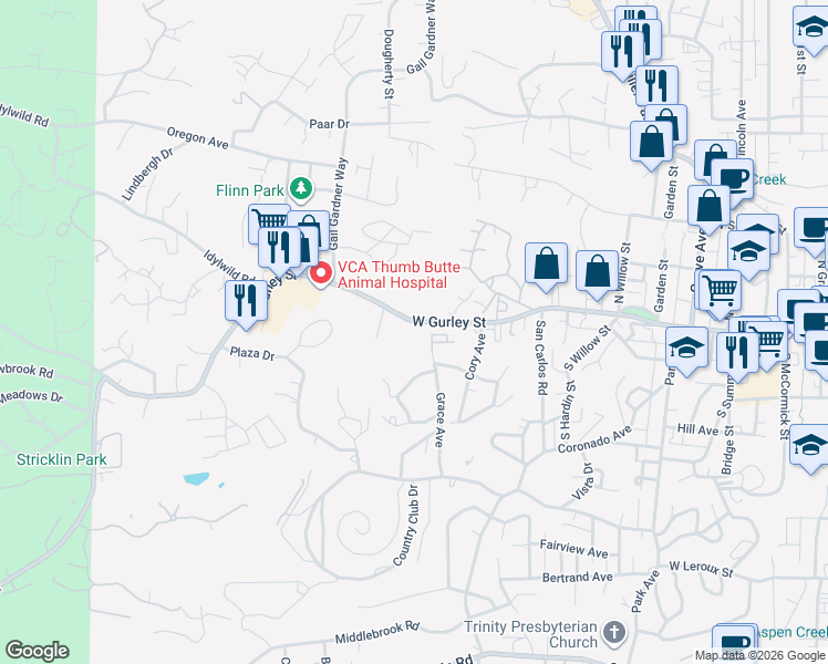 map of restaurants, bars, coffee shops, grocery stores, and more near 1135 W Gurley St in Prescott