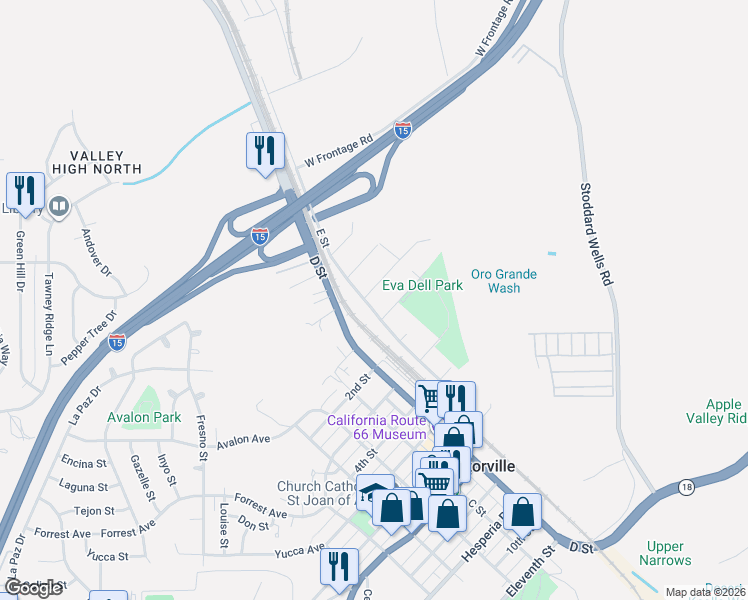 map of restaurants, bars, coffee shops, grocery stores, and more near 16570 E Street in Victorville