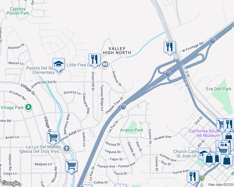 map of restaurants, bars, coffee shops, grocery stores, and more near 16285 Puesta Del Sol Drive in Victorville