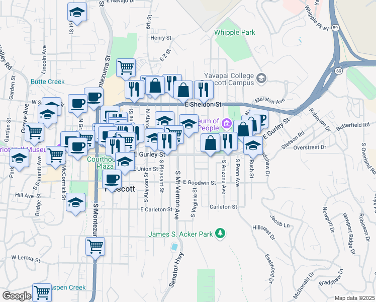 map of restaurants, bars, coffee shops, grocery stores, and more near 518 East Gurley Street in Prescott