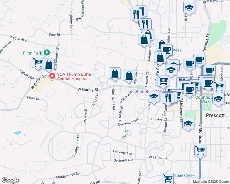 map of restaurants, bars, coffee shops, grocery stores, and more near 111 San Carlos Road in Prescott