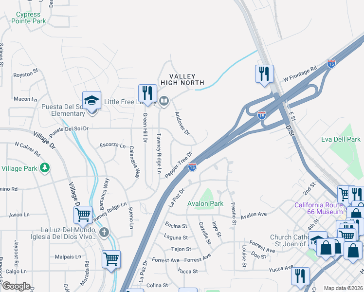 map of restaurants, bars, coffee shops, grocery stores, and more near 16277 Puesta Del Sol Drive in Victorville