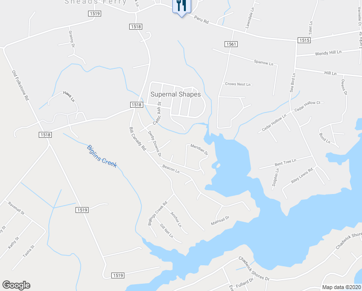 map of restaurants, bars, coffee shops, grocery stores, and more near 1011 Meridian Drive in Sneads Ferry