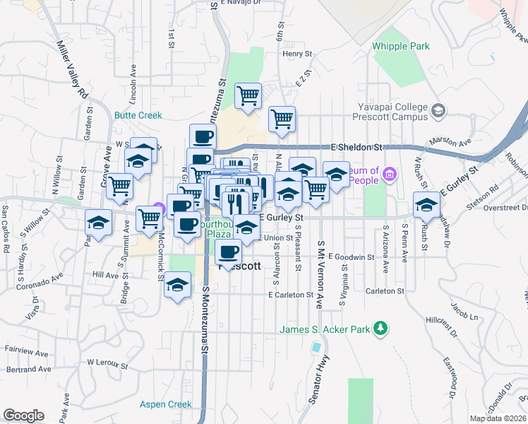 map of restaurants, bars, coffee shops, grocery stores, and more near 212 East Gurley Street in Prescott
