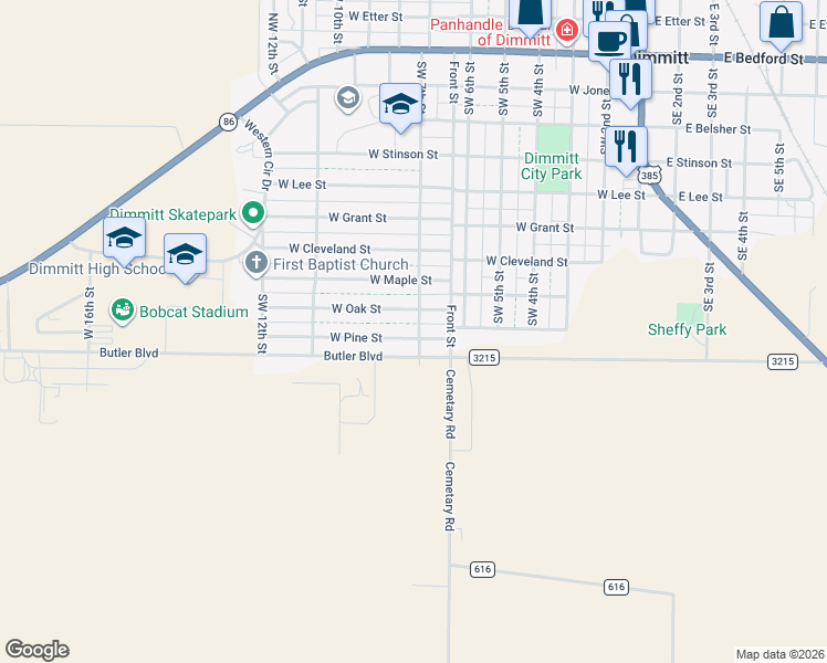 map of restaurants, bars, coffee shops, grocery stores, and more near 700 West Pine Street in Dimmitt
