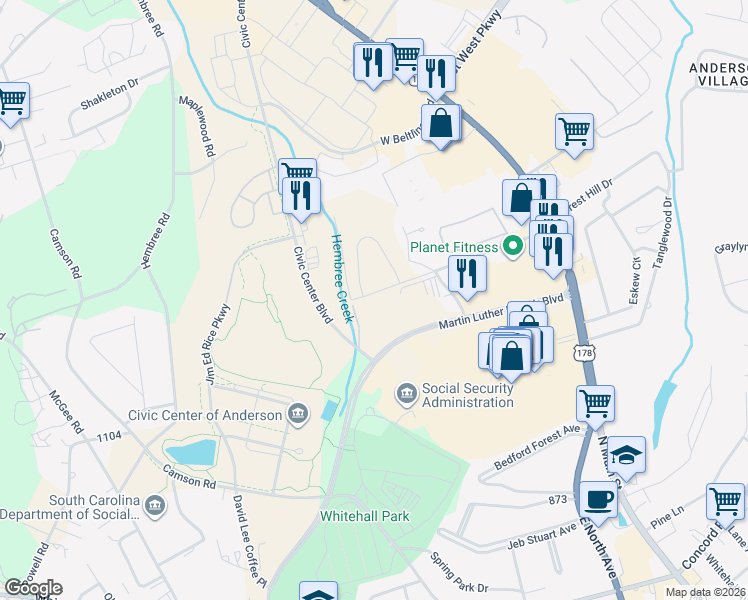 map of restaurants, bars, coffee shops, grocery stores, and more near 3111 Martin Luther King Junior Boulevard in Anderson