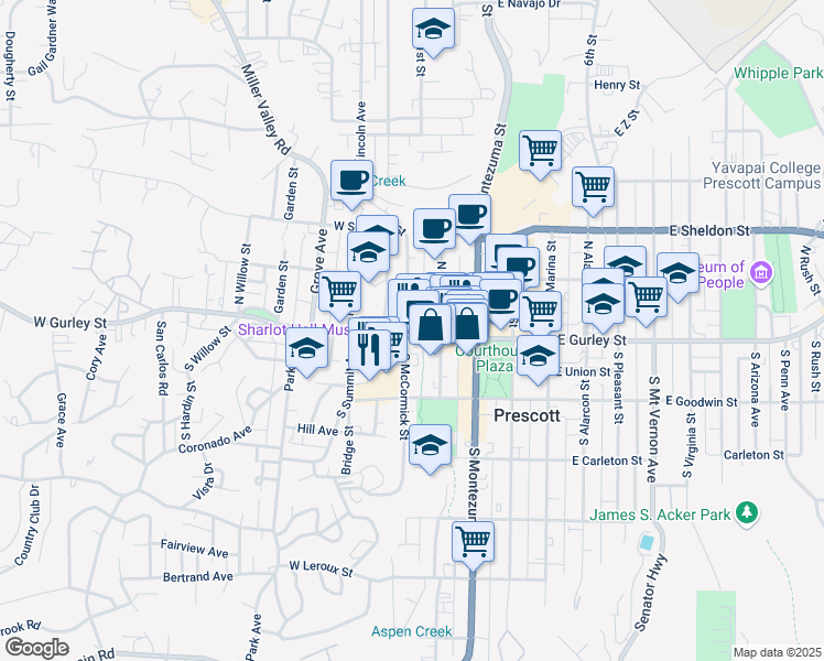 map of restaurants, bars, coffee shops, grocery stores, and more near 330 West Gurley Street in Prescott
