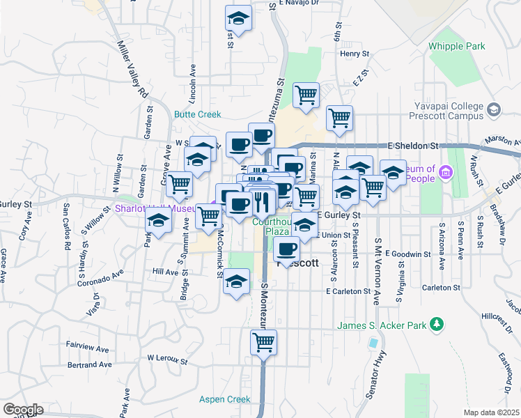 map of restaurants, bars, coffee shops, grocery stores, and more near 77 North Montezuma Street in Prescott