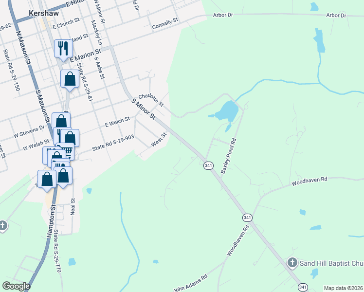 map of restaurants, bars, coffee shops, grocery stores, and more near 6550 South Carolina 341 in Kershaw