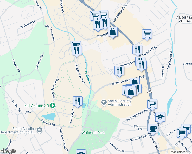 map of restaurants, bars, coffee shops, grocery stores, and more near 3111 Martin Luther King Junior Boulevard in Anderson
