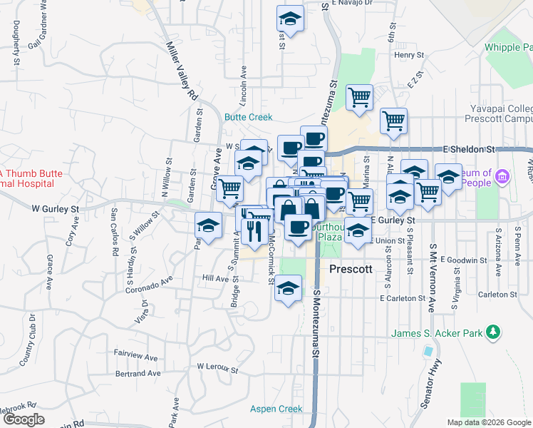 map of restaurants, bars, coffee shops, grocery stores, and more near 400 West Gurley Street in Prescott