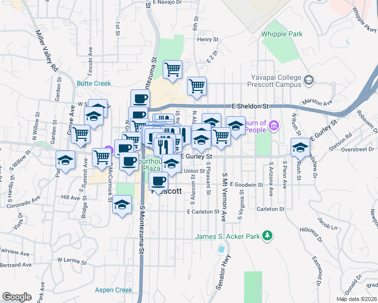 map of restaurants, bars, coffee shops, grocery stores, and more near 216 East Gurley Street in Prescott
