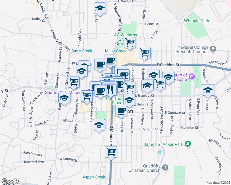 map of restaurants, bars, coffee shops, grocery stores, and more near 77 North Montezuma Street in Prescott