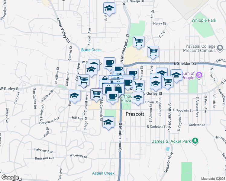 map of restaurants, bars, coffee shops, grocery stores, and more near 230 West Gurley Street in Prescott