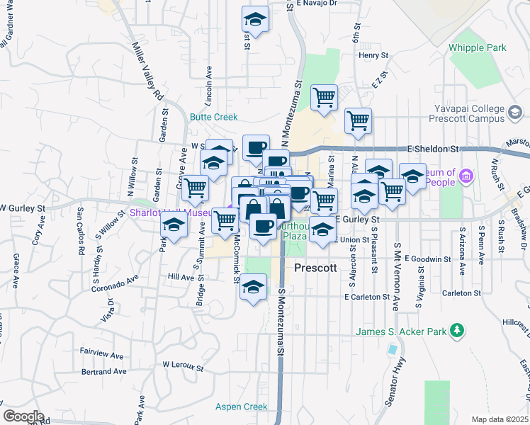 map of restaurants, bars, coffee shops, grocery stores, and more near 300 West Gurley Street in Prescott