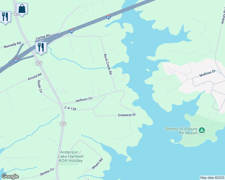 map of restaurants, bars, coffee shops, grocery stores, and more near 228 Rock Creek Road in Anderson