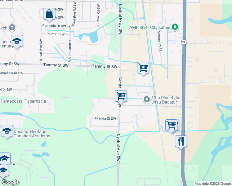 map of restaurants, bars, coffee shops, grocery stores, and more near 3505 Central Parkway Southwest in Decatur