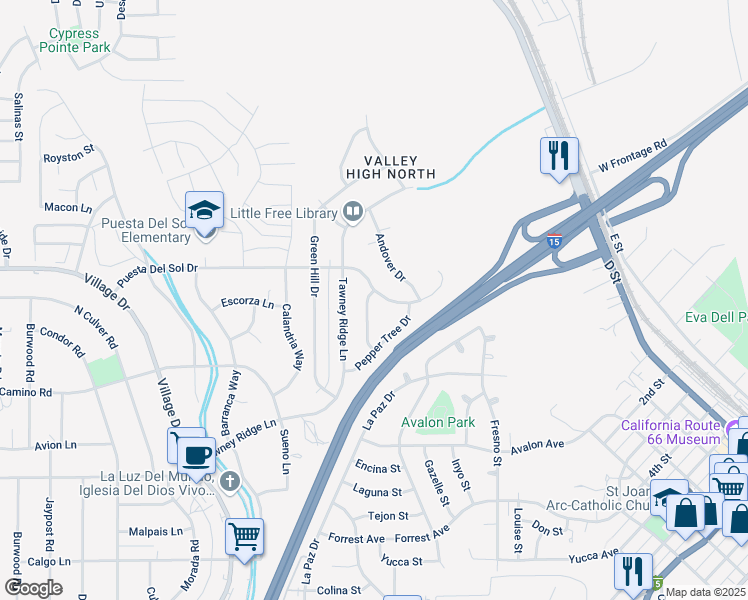 map of restaurants, bars, coffee shops, grocery stores, and more near 16047 Coronado Drive in Victorville