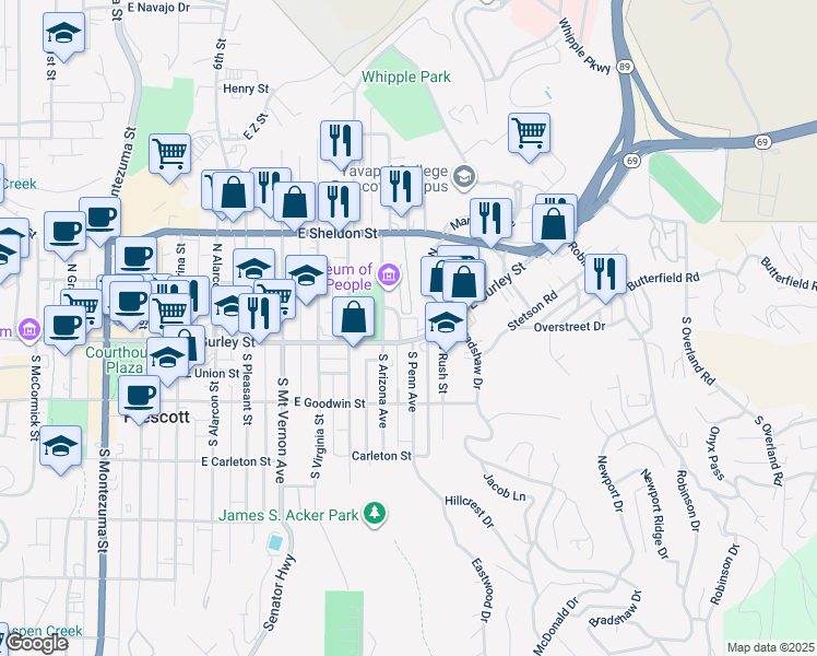 map of restaurants, bars, coffee shops, grocery stores, and more near 824 East Gurley Street in Prescott