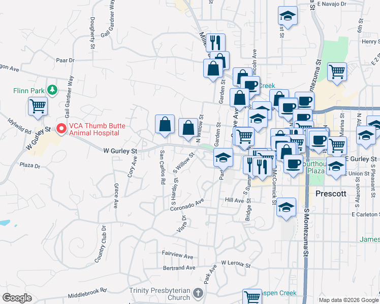 map of restaurants, bars, coffee shops, grocery stores, and more near 118 South Willow Street in Prescott