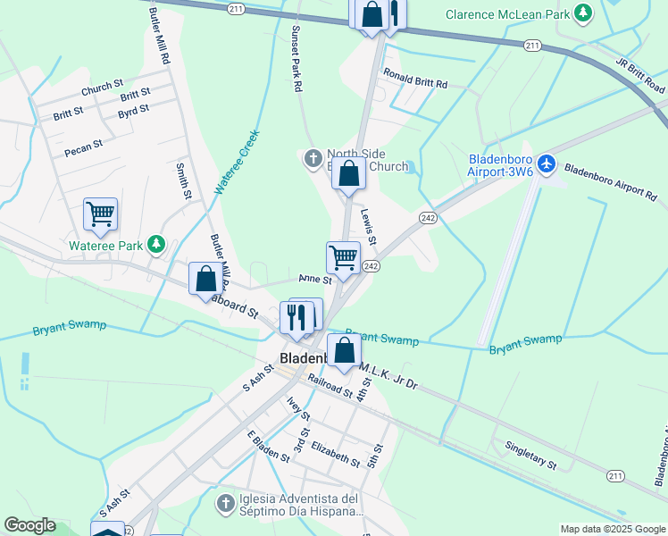 map of restaurants, bars, coffee shops, grocery stores, and more near 406 North Main Street in Bladenboro