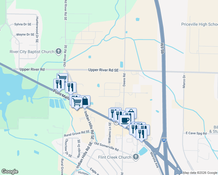 map of restaurants, bars, coffee shops, grocery stores, and more near 3105 Upper River Road in Decatur