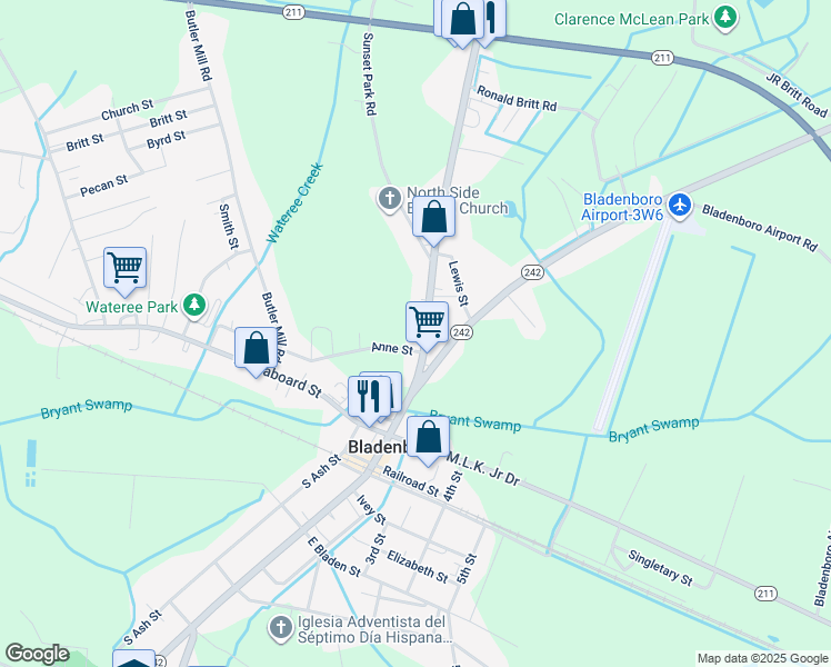 map of restaurants, bars, coffee shops, grocery stores, and more near 406 North Main Street in Bladenboro