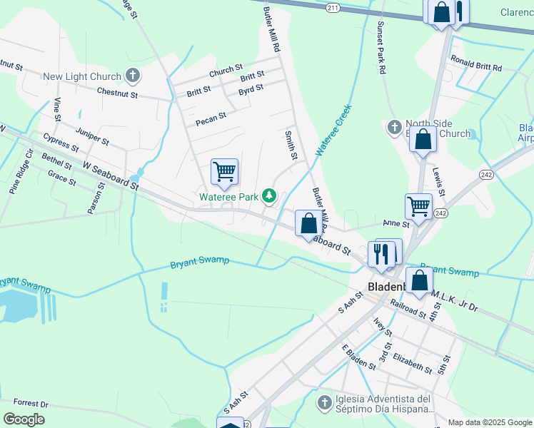 map of restaurants, bars, coffee shops, grocery stores, and more near 811 West Seaboard Street in Bladenboro