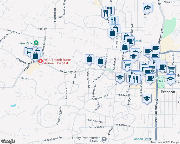 map of restaurants, bars, coffee shops, grocery stores, and more near 111 San Carlos Road in Prescott