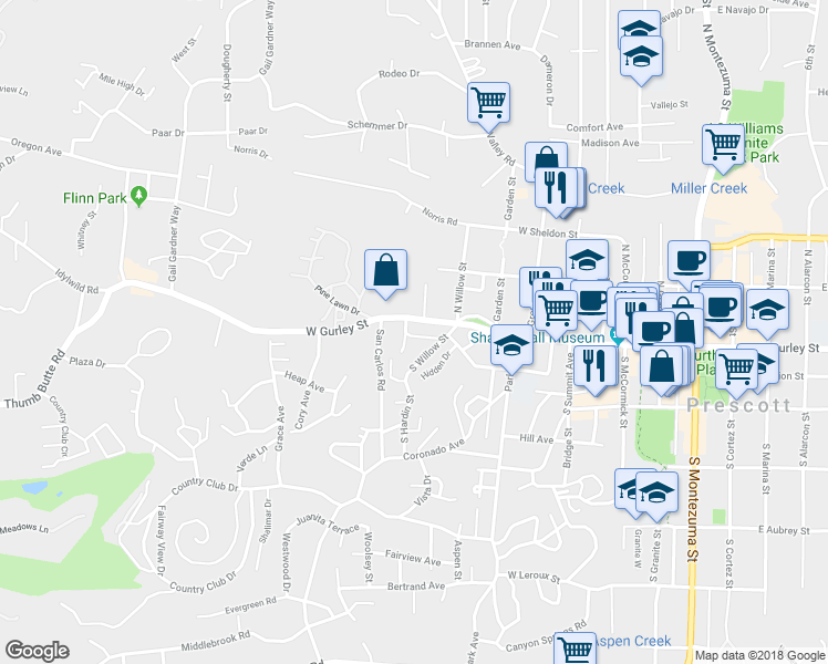 map of restaurants, bars, coffee shops, grocery stores, and more near 737 West Gurley Street in Prescott
