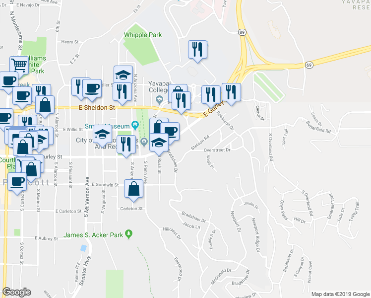 map of restaurants, bars, coffee shops, grocery stores, and more near 1110 Stetson Road in Prescott