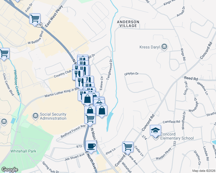 map of restaurants, bars, coffee shops, grocery stores, and more near 126 Tanglewood Drive in Anderson