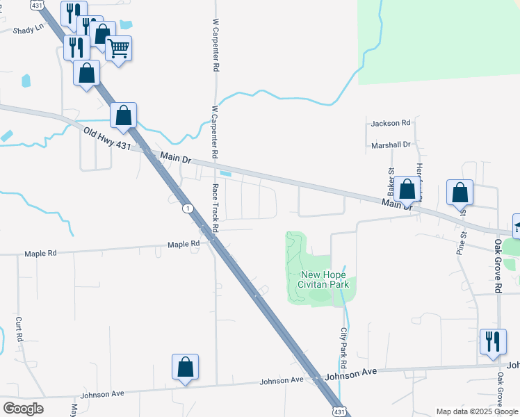 map of restaurants, bars, coffee shops, grocery stores, and more near 4770 Main Drive in New Hope