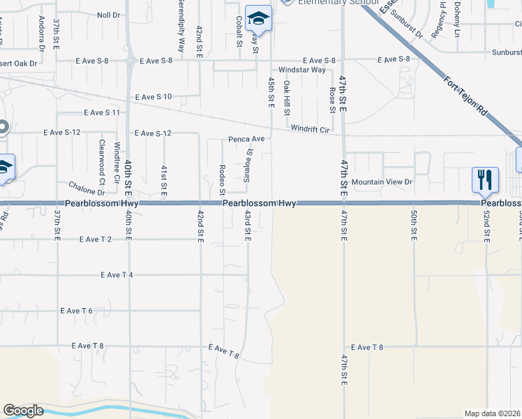map of restaurants, bars, coffee shops, grocery stores, and more near 36350 43rd Street East in Palmdale