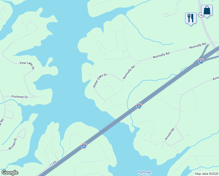 map of restaurants, bars, coffee shops, grocery stores, and more near 315 Royal Oaks Drive in Anderson