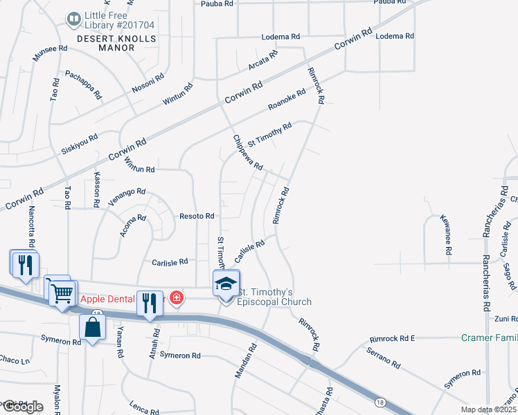 map of restaurants, bars, coffee shops, grocery stores, and more near 16027 Mandan Road in Apple Valley