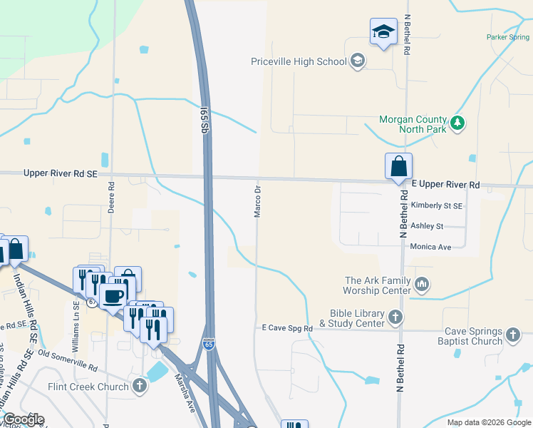 map of restaurants, bars, coffee shops, grocery stores, and more near I-65 Commodore Court Southeast in Decatur