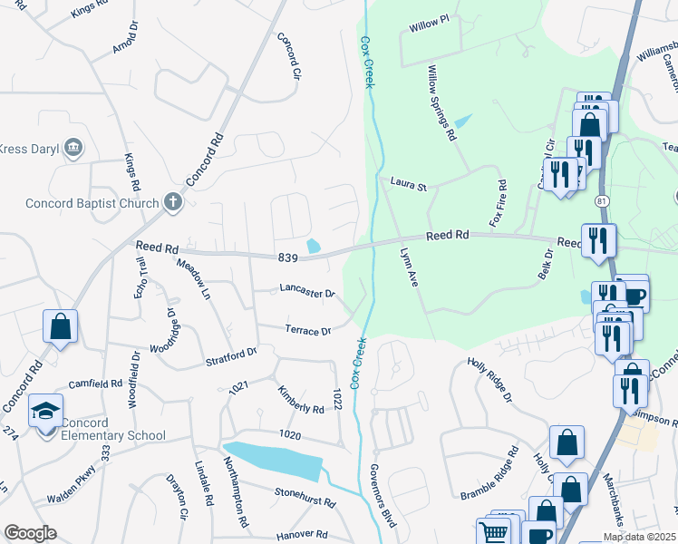 map of restaurants, bars, coffee shops, grocery stores, and more near 1109 Reed Road in Anderson